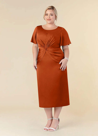 Burnt Orange Sheath Pleated Stretch Satin Dress