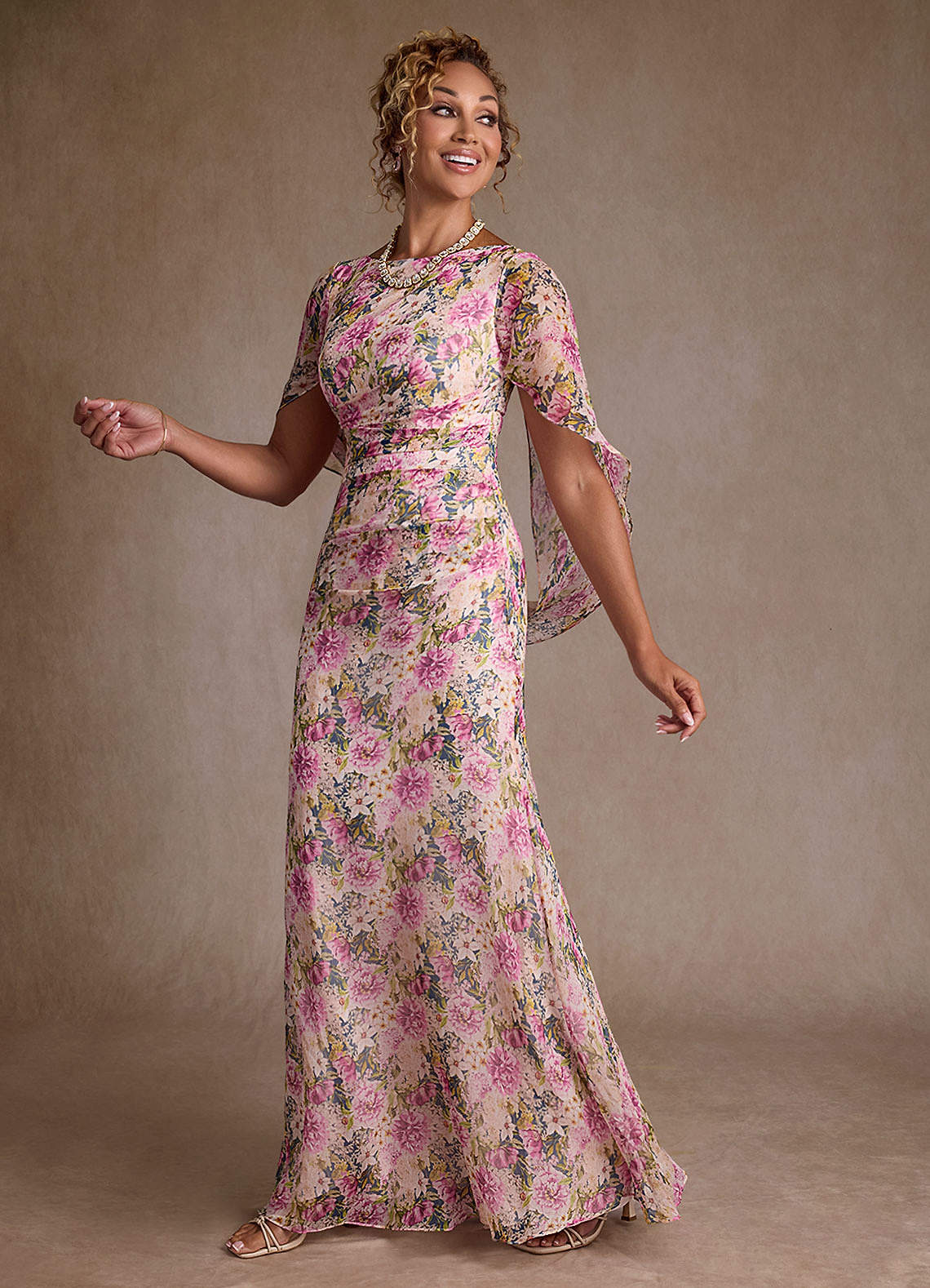 Lavender Floral Mermaid Pleated Chiffon Dress