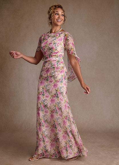 Lavender Floral Mermaid Pleated Chiffon Dress