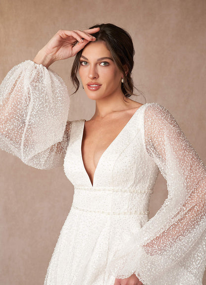 Diamond White A-Line V-Neck Beading Dress