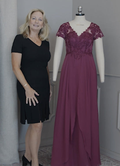 Champagne A-Line V-Neck Lace Chiffon Dress
