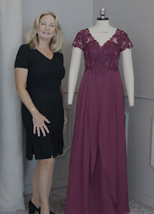 Champagne A-Line V-Neck Lace Chiffon Dress