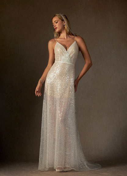 Diamond White Champagne A-Line V-Neck Sequins Sequins Dress