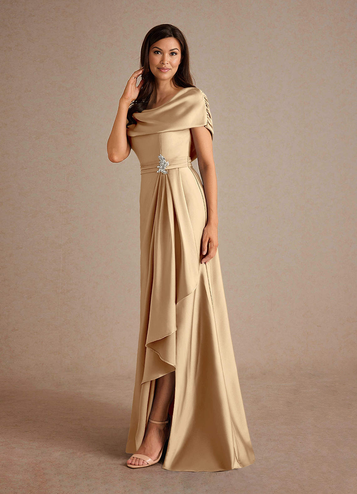 Champagne A-Line Pleated Stretch Satin Dress