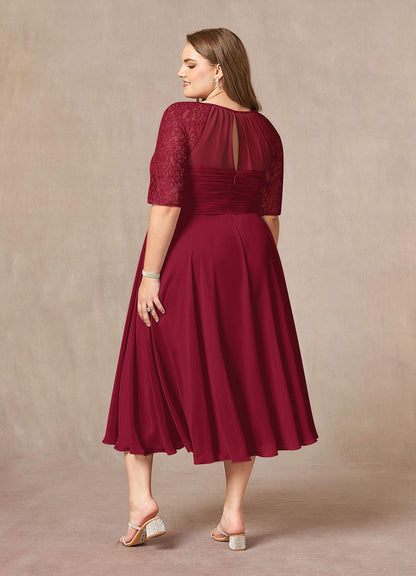 Burgundy A-Line Scoop lace Chiffon Dress
