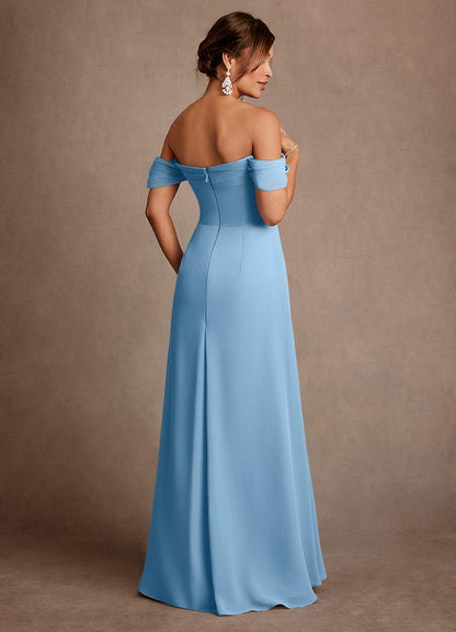 Steel Blue A-Line Off the Shoulder Chiffon Dress