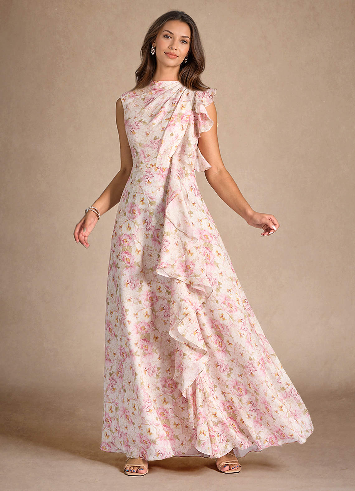 Antique Rose Floral A-Line Pleated Floral Chiffon Dress