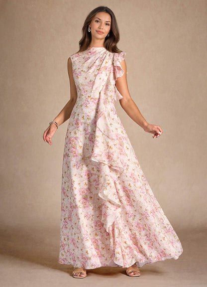 Antique Rose Floral A-Line Pleated Floral Chiffon Dress