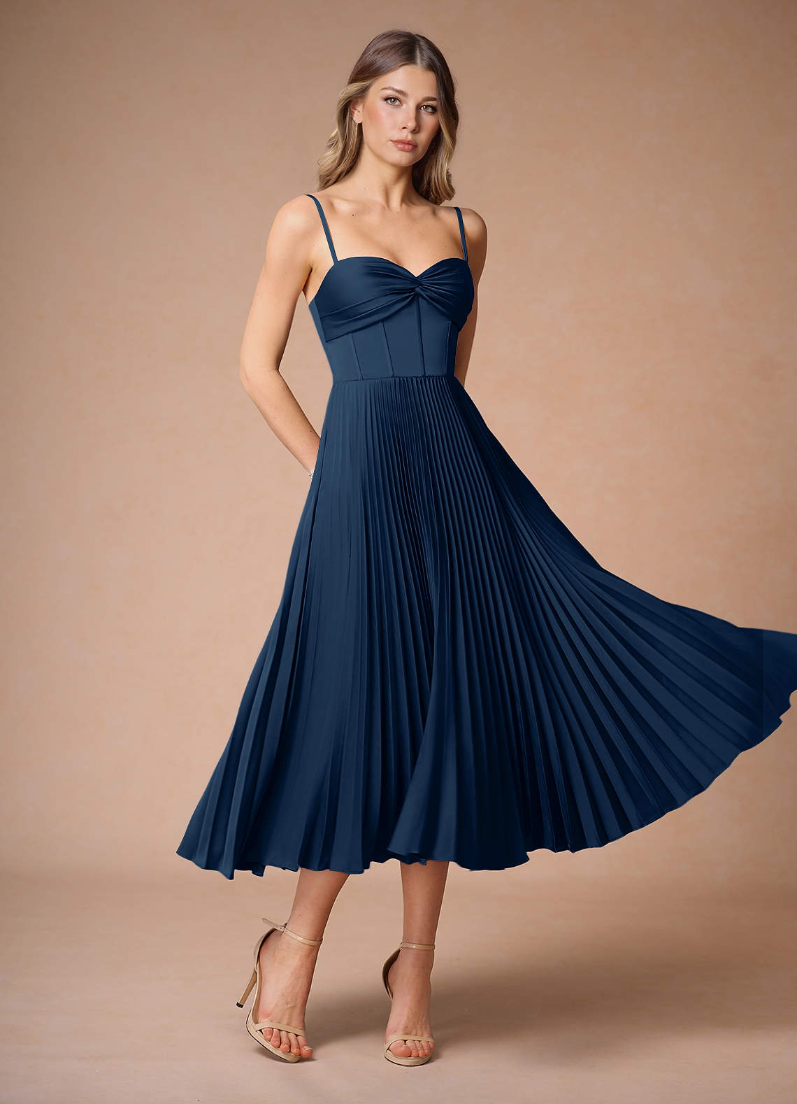 L¨¦na Navy Pleated Midi Dress