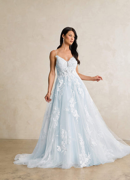 Misty Blue A-Line V-Neck Sequins Tulle Dress