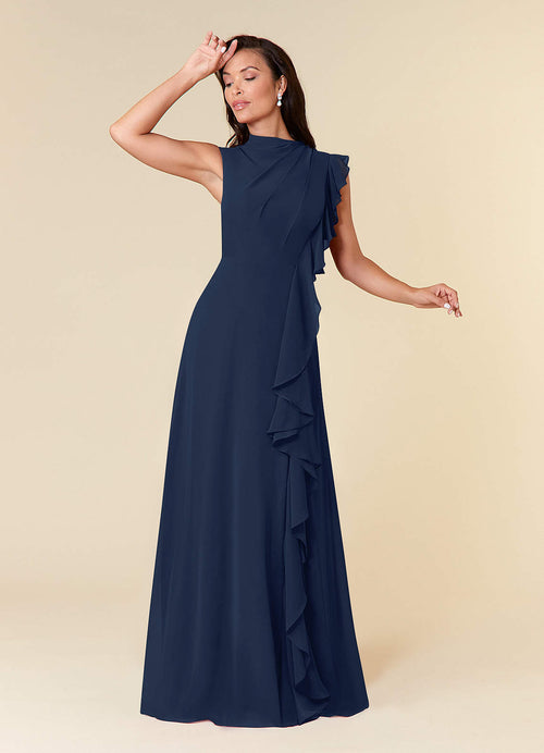 Dark Navy A-Line High Neckline Pleated Chiffon Dress