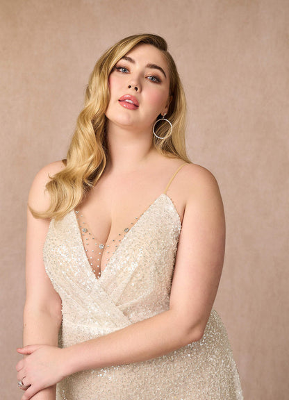 Diamond White Champagne A-Line V-Neck Sequins Sequins Dress