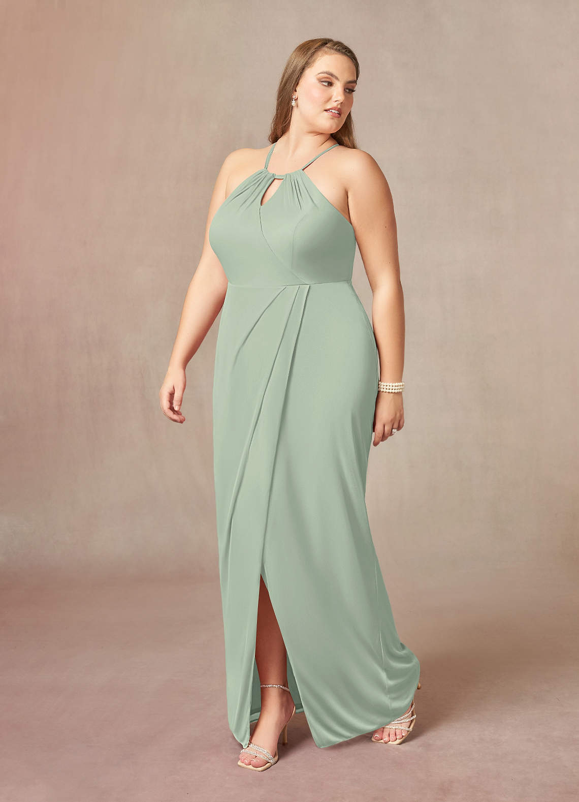Dusty Sage Sheath Pleated Mesh Dress