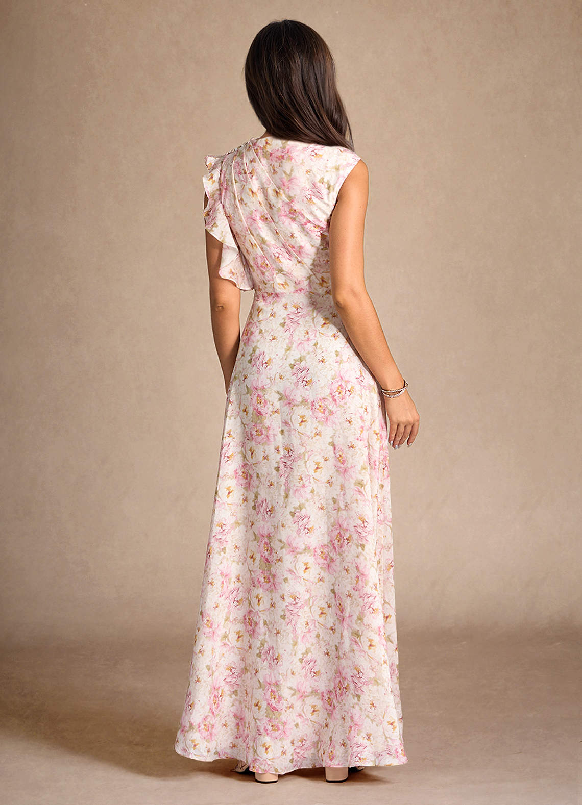 Antique Rose Floral A-Line Pleated Floral Chiffon Dress