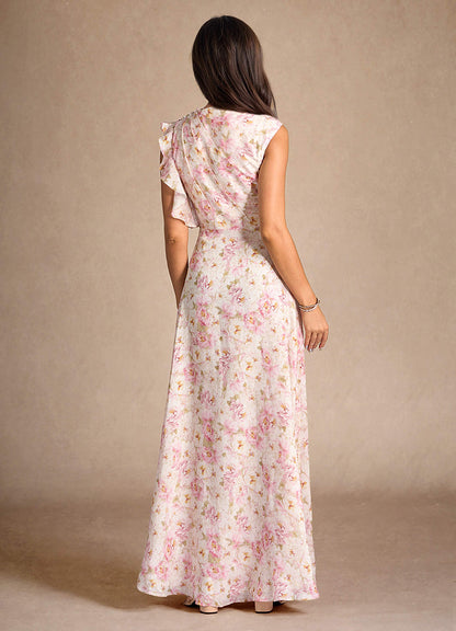 Antique Rose Floral A-Line Pleated Floral Chiffon Dress