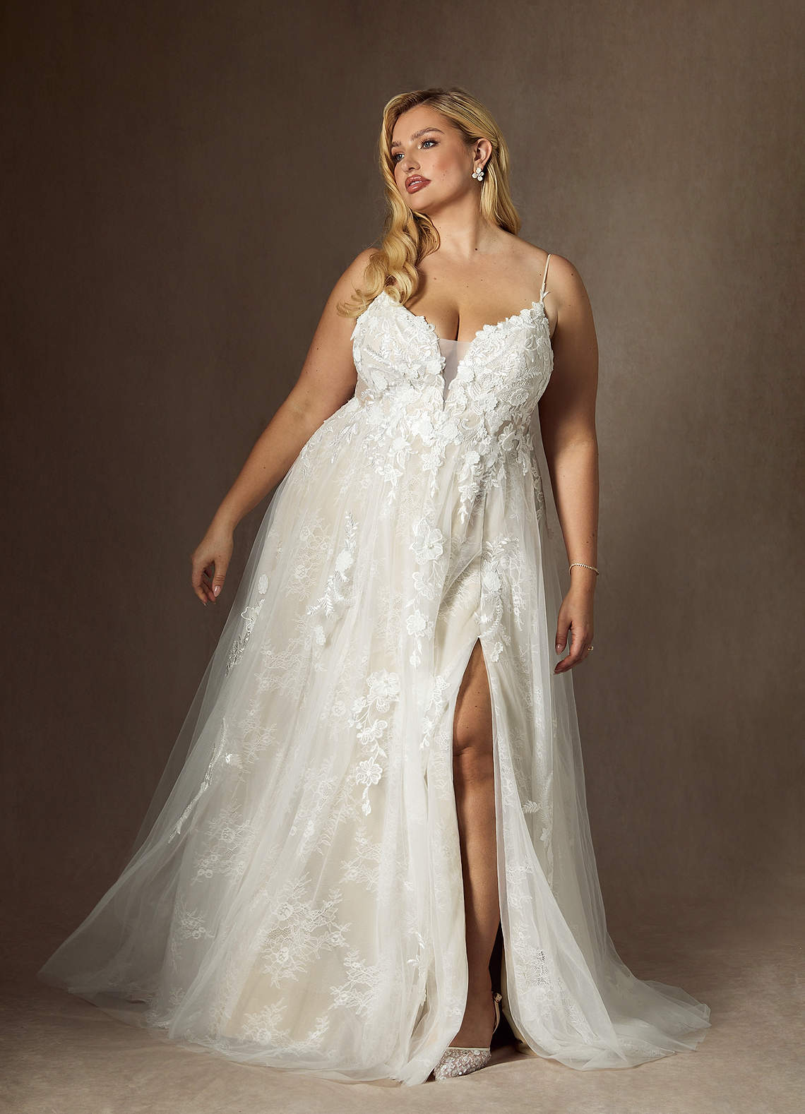 Diamond White Champagne A-Line Lace Tulle Dress