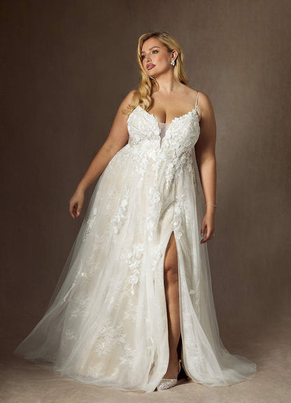 Diamond White Champagne A-Line Lace Tulle Dress
