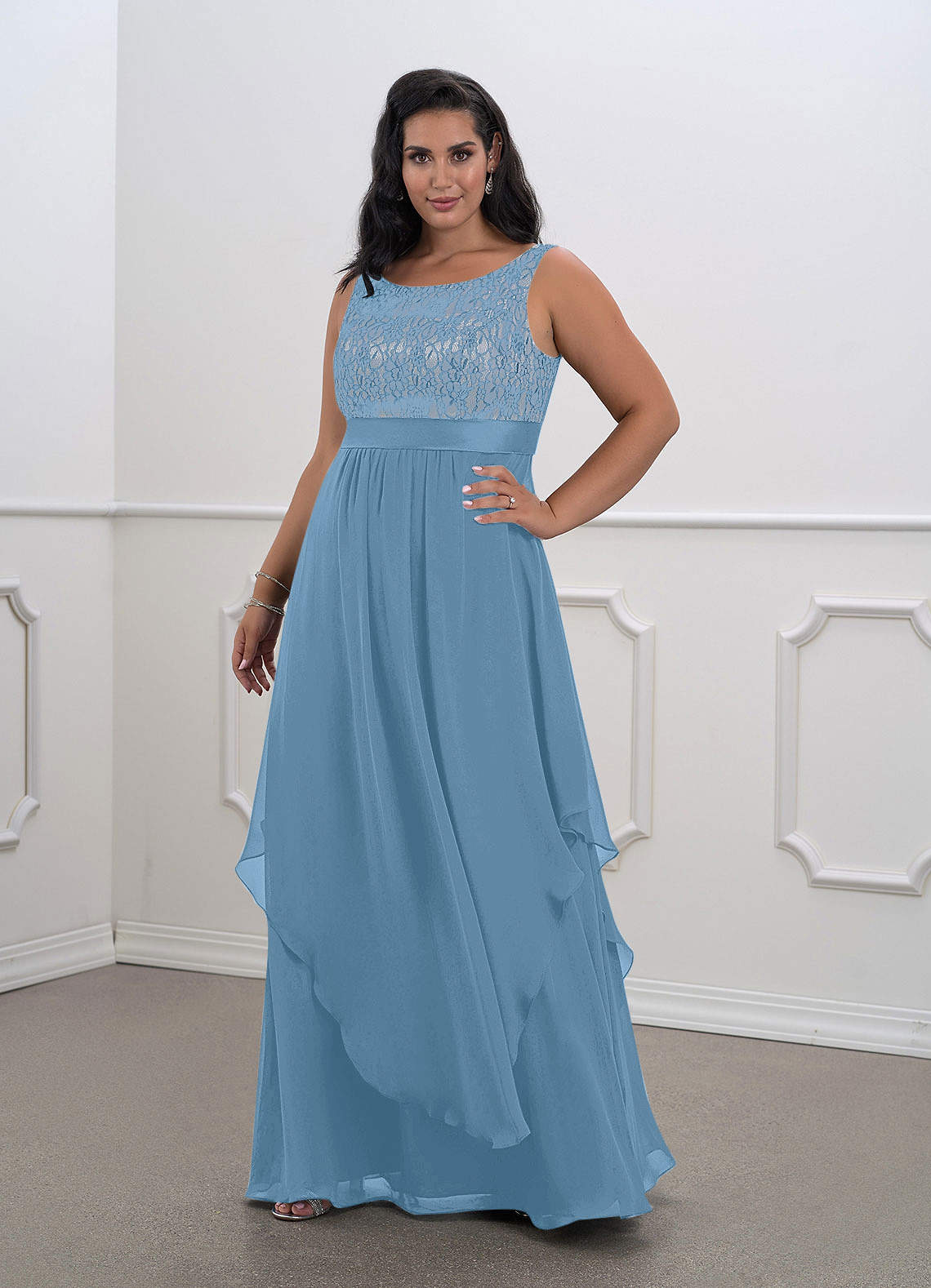 Steel Blue A-Line Lace Chiffon Dress