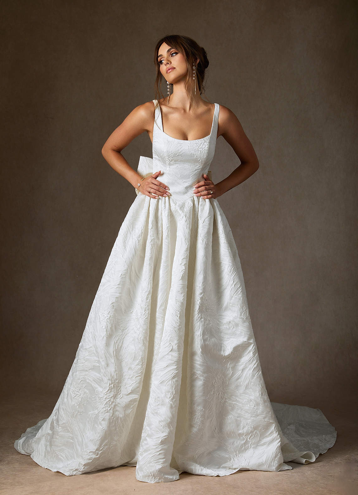 Diamond White Ball-Gown with Pockets Floral Jacquard Dress