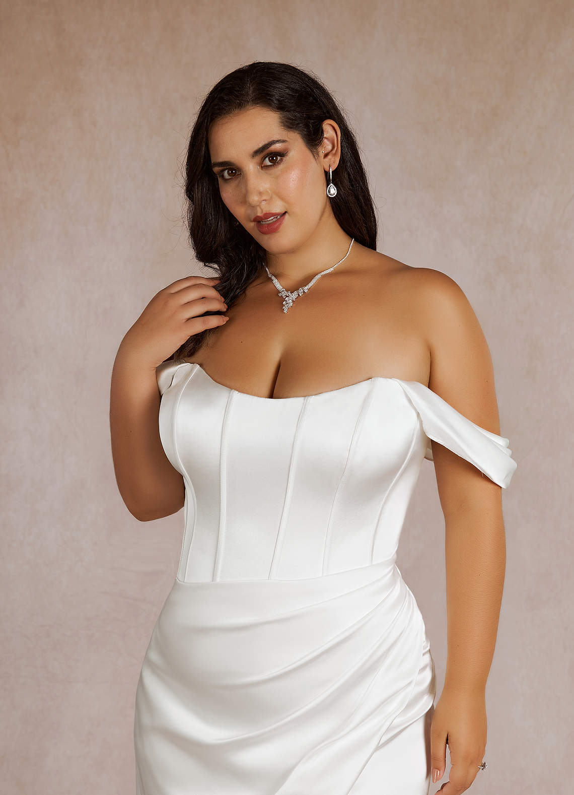 Diamond White Mermaid Off the Shoulder Stretch Satin Dress