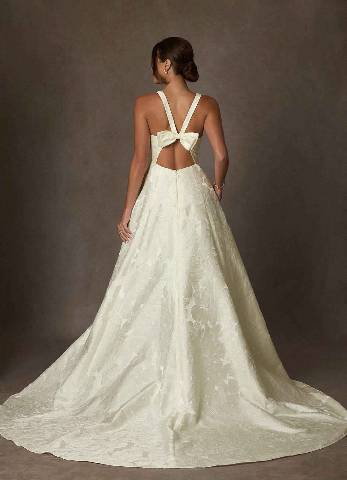 Antique White Ball-Gown Strap Floral Jacquard Dress