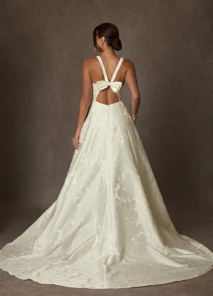 Antique White Ball-Gown Strap Floral Jacquard Dress