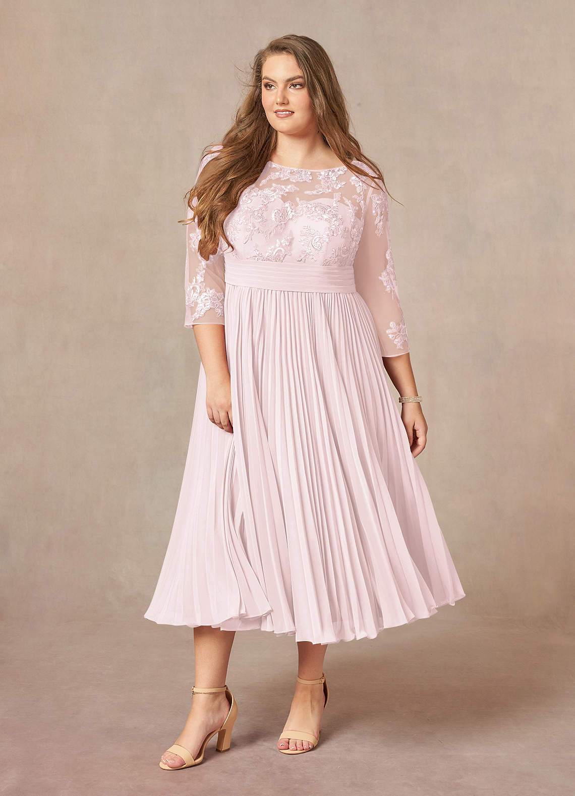 Blushing Pink A-Line Boatneck Lace Chiffon Dress