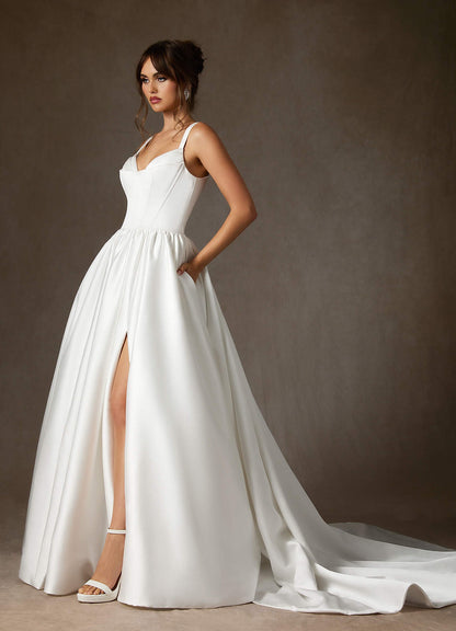 Diamond White Ball-Gown with Pockets Double Faced Satin Dress