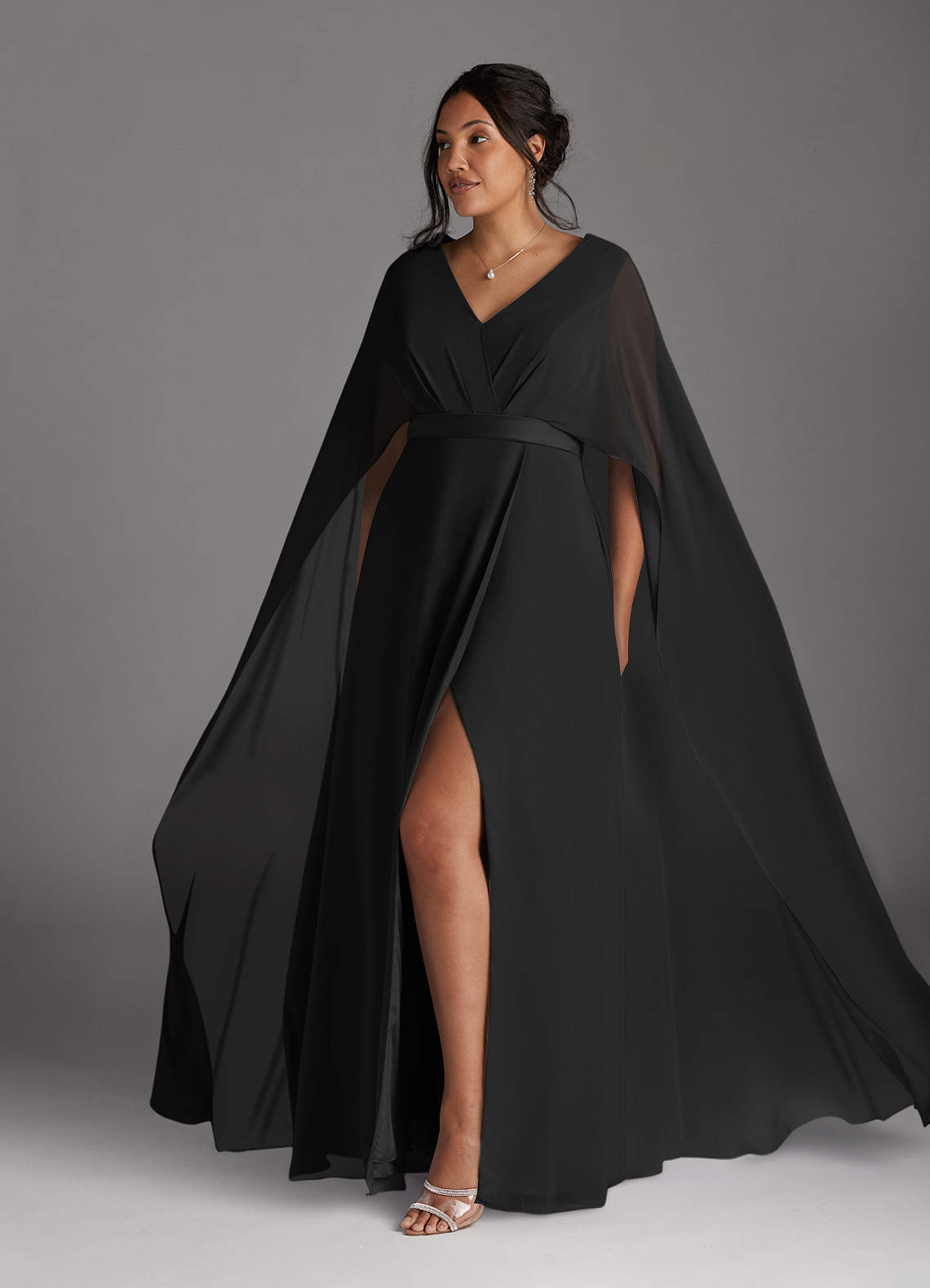Black A-Line V-Neck Pleated Chiffon Dress