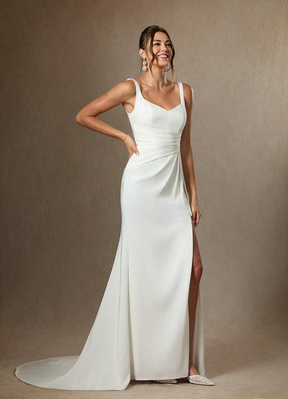 Diamond White Mermaid Pleated Crepe Back Satin Dress