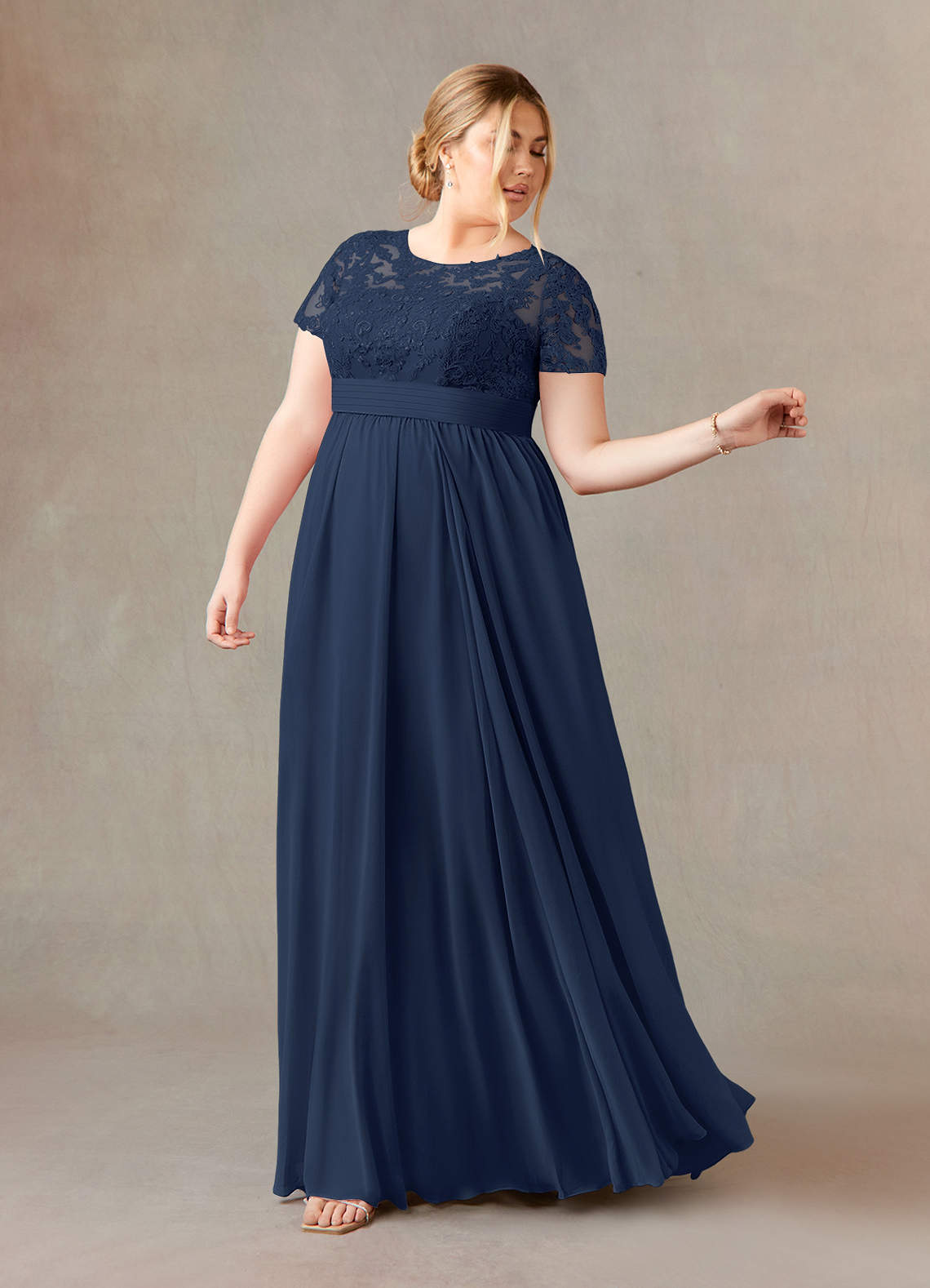 Dark Navy A-Line Lace Chiffon Dress