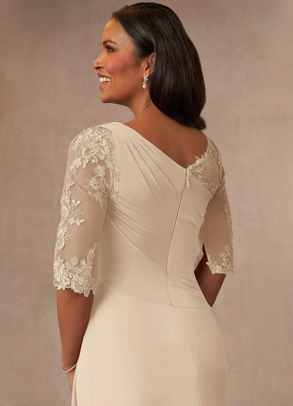 Champagne A-Line Boatneck Lace Chiffon Dress