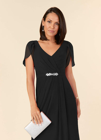 Black Sheath V-Neck Pleated Chiffon Dress
