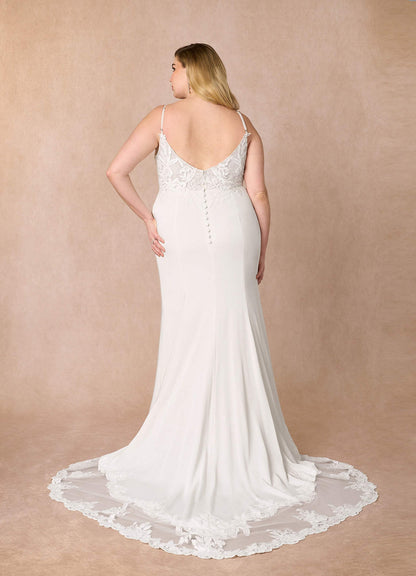 Diamond White Mermaid V-Neck lace Crepe Back Satin Dress
