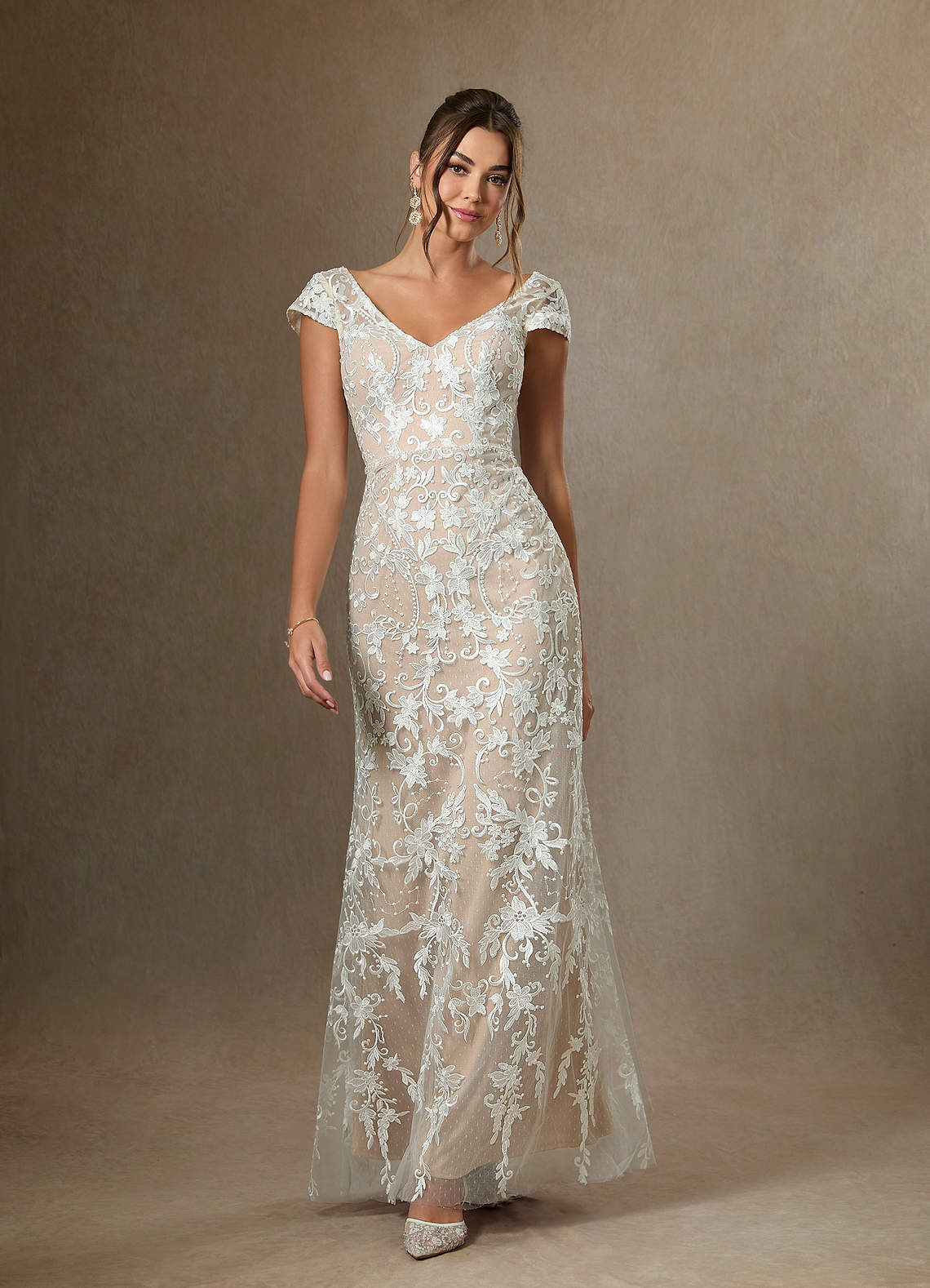 Diamond White Champagne Sheath V-Neck Sequins Lace Dress
