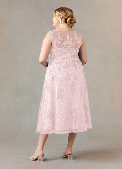 Blushing Pink A-Line Boatneck Lace Tulle Dress