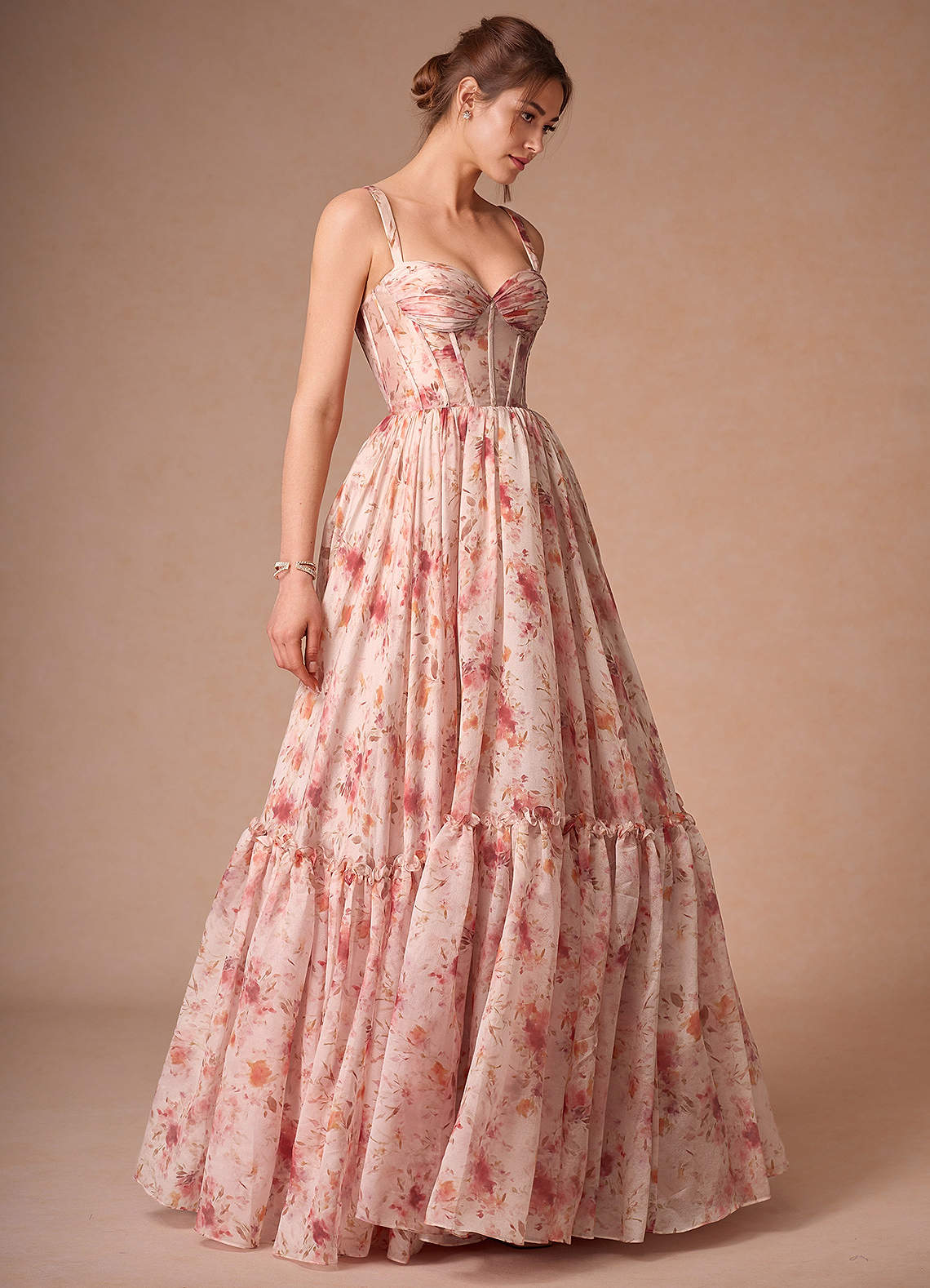 Halame Apricot Multi Sleeveless Floral A-Line Prom Dress