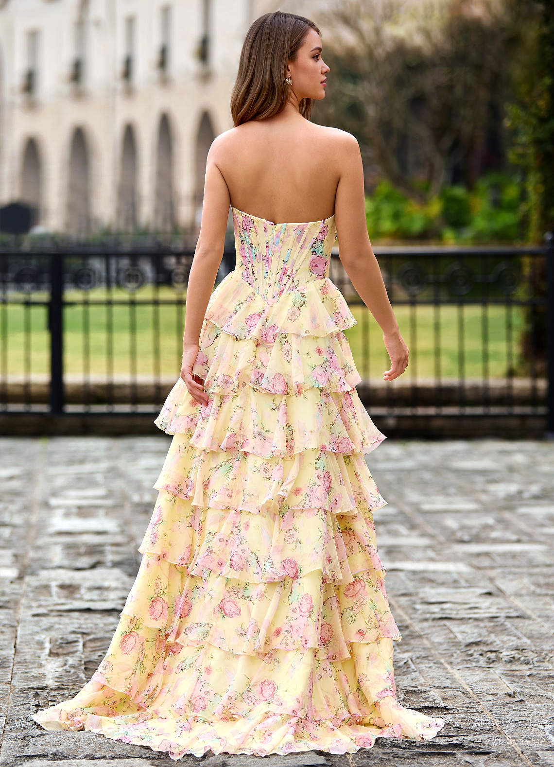 Papapym Yellow Printed Flowers Prom Dress
