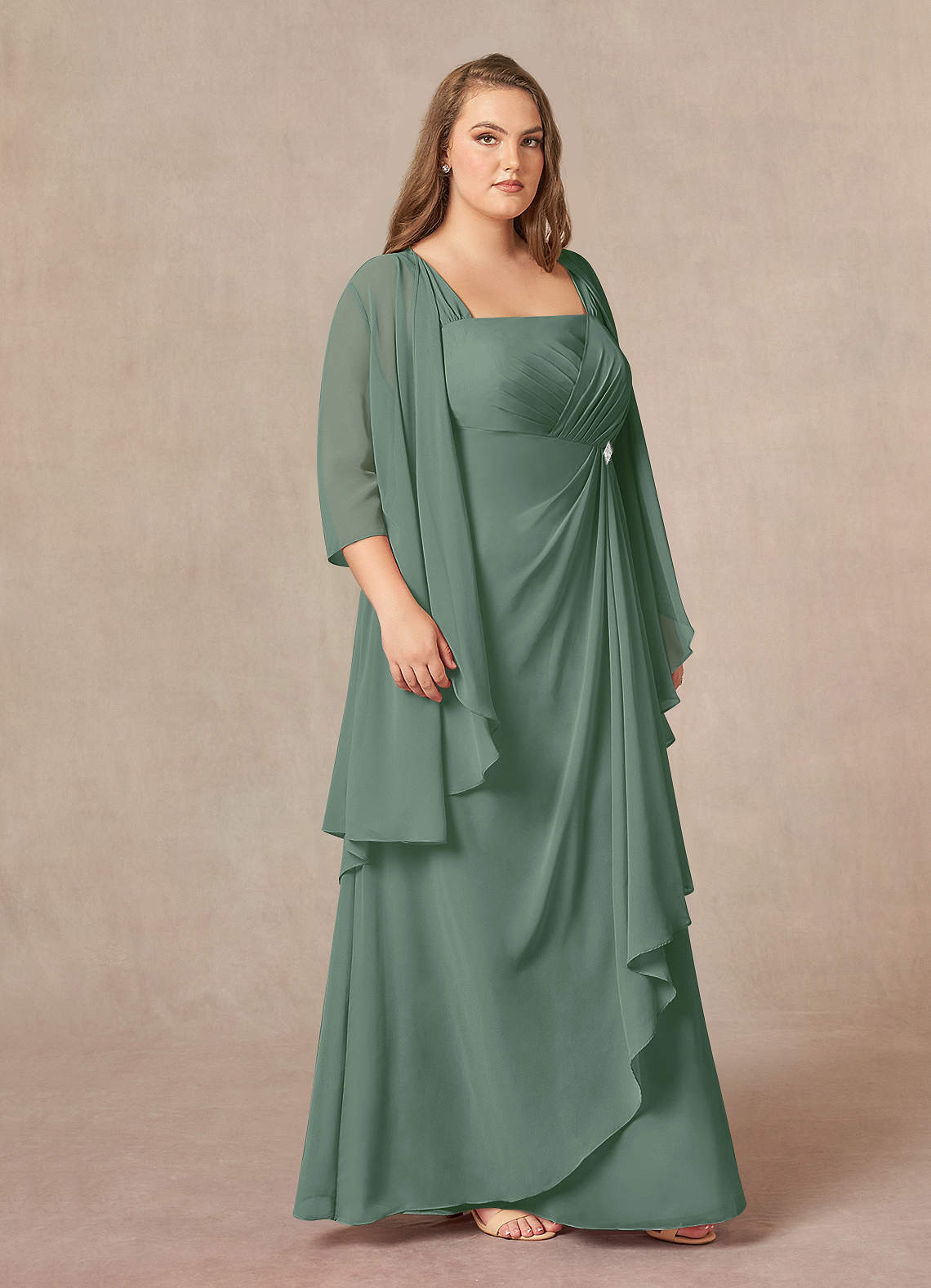 Eucalyptus A-Line Square Neckline Pleated Chiffon Dress
