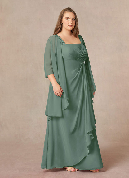 Eucalyptus A-Line Square Neckline Pleated Chiffon Dress