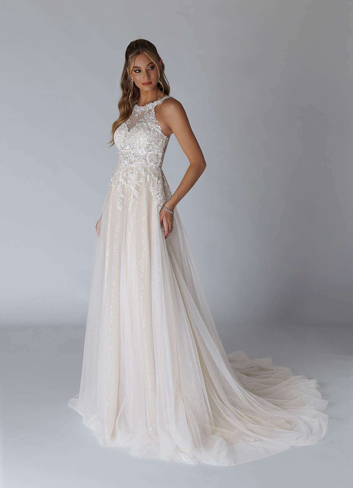 Diamond White Champagne A-Line Sequins Tulle Dress