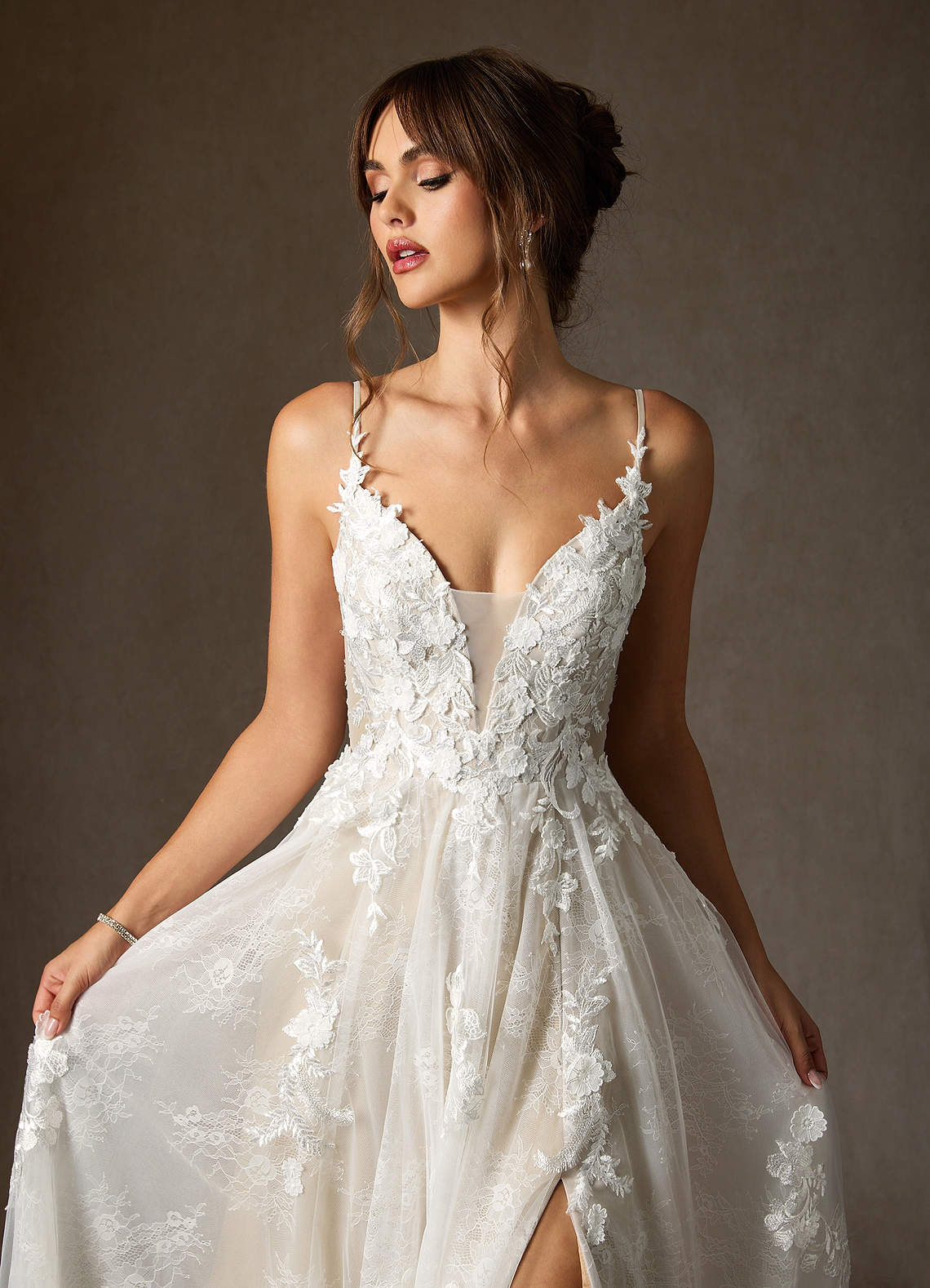 Diamond White Champagne A-Line Lace Tulle Dress