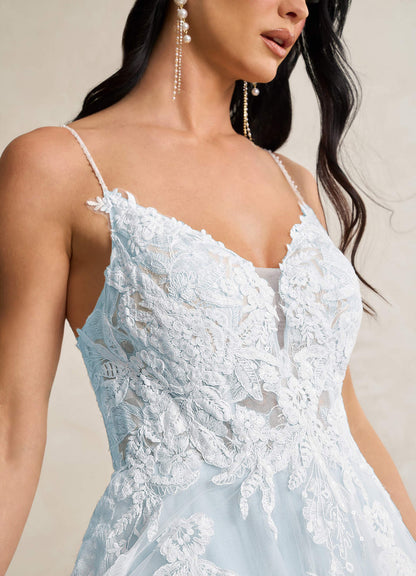 Misty Blue A-Line V-Neck Sequins Tulle Dress