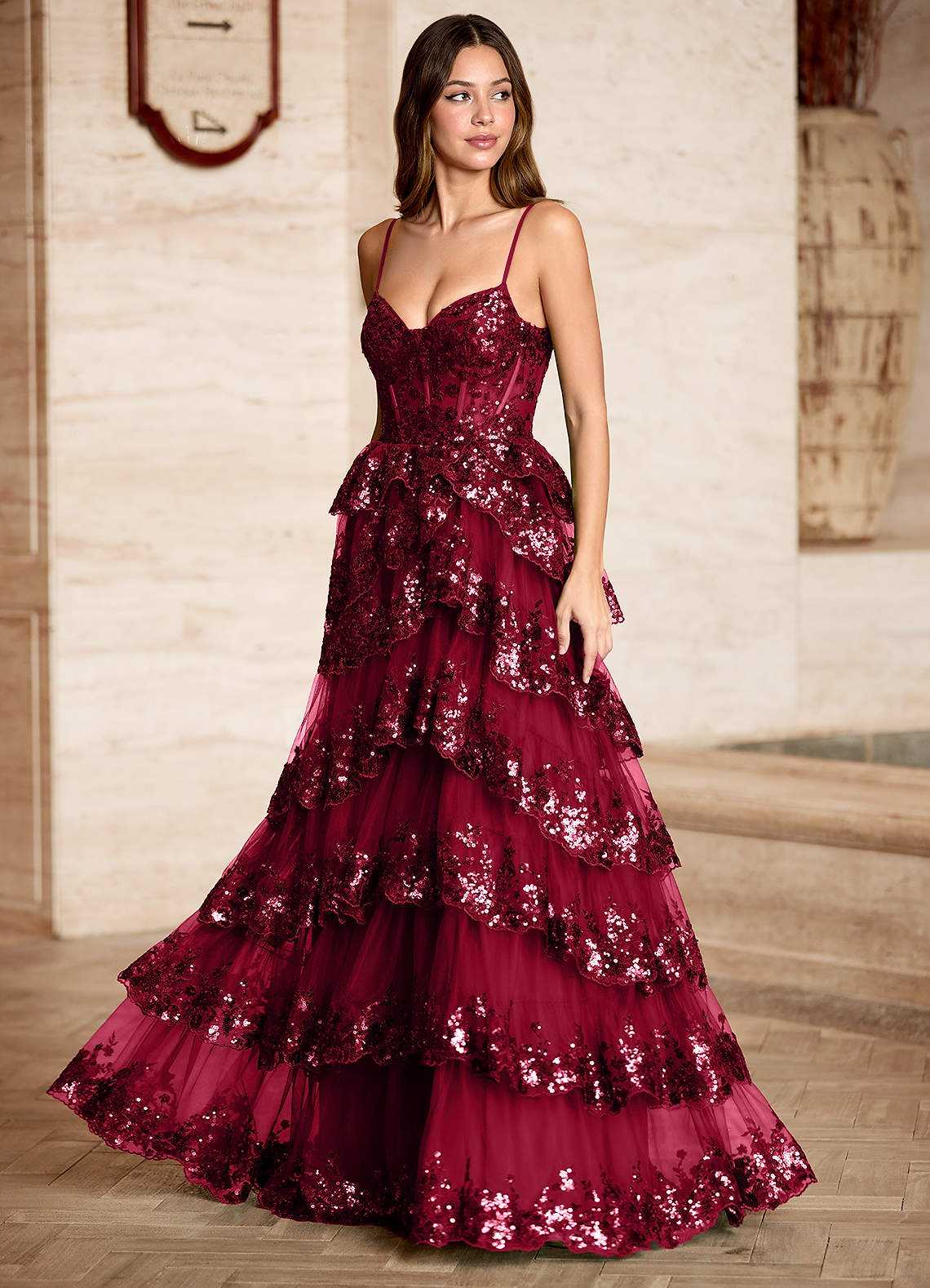 Tindra Burgundy Sequins Ruffles Prom Dress  Dress
