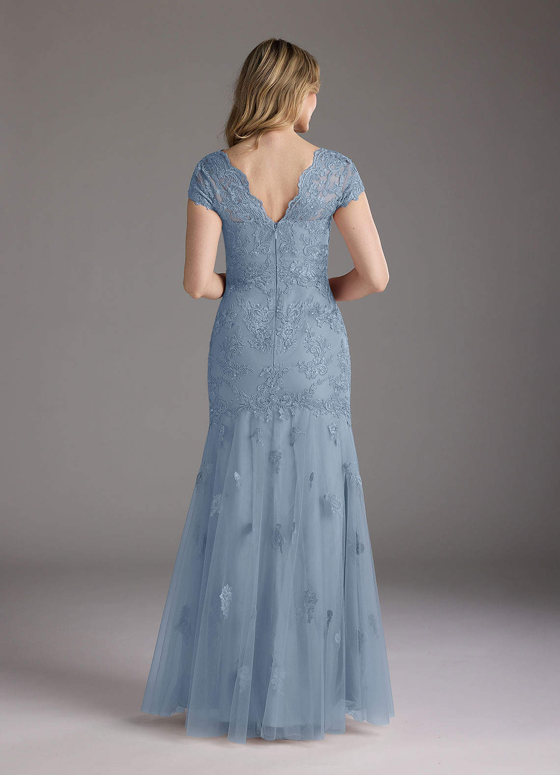 Dusty Blue Mermaid Queen Anne Sequins Lace Dress