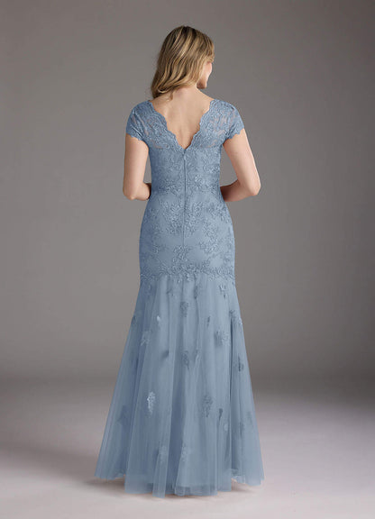 Dusty Blue Mermaid Queen Anne Sequins Lace Dress