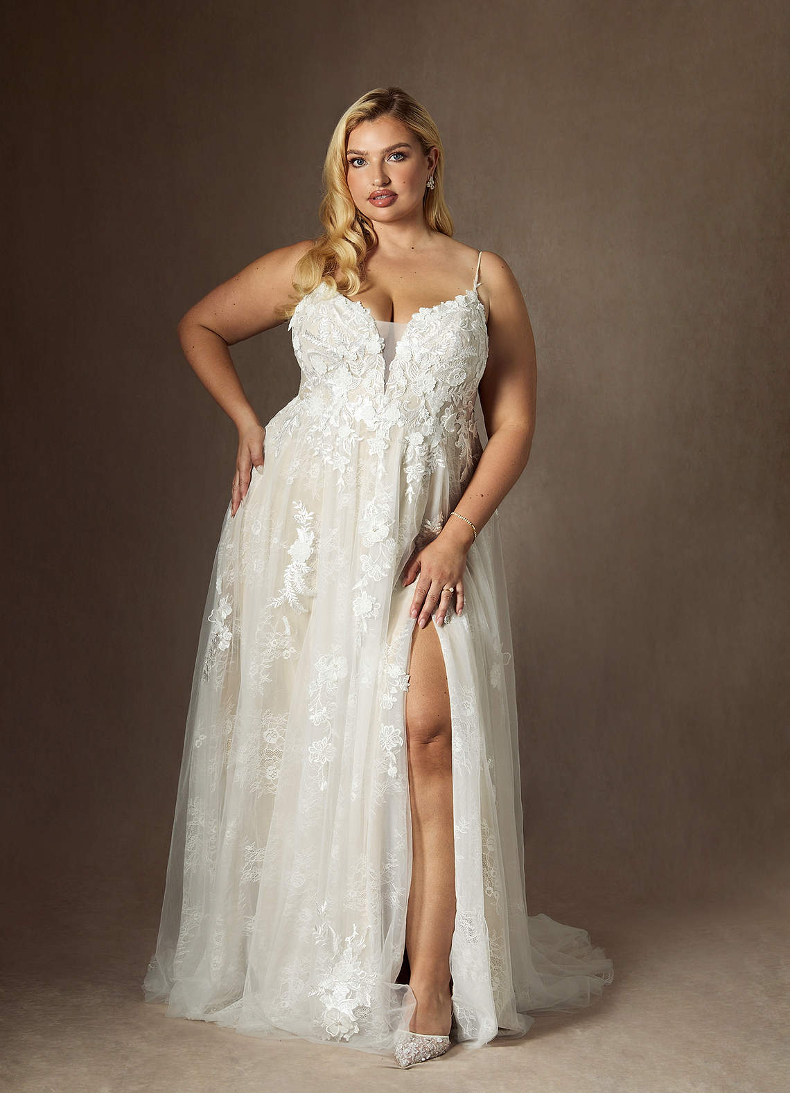 Diamond White Champagne A-Line Lace Tulle Dress