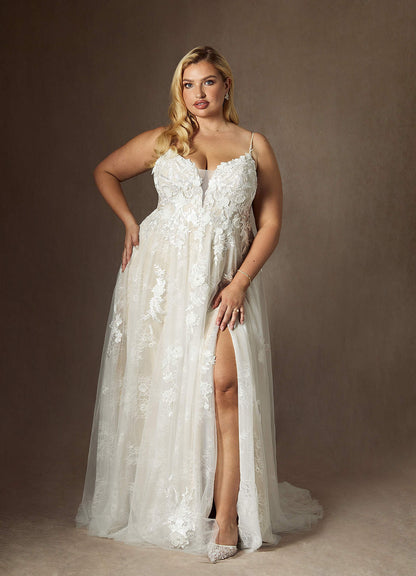 Diamond White Champagne A-Line Lace Tulle Dress