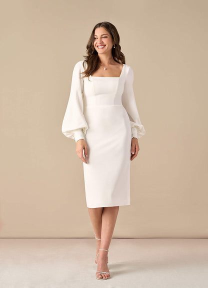 Diamond White Sheath Square Neckline Stretch Crepe Dress