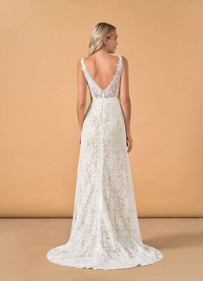 Diamond White Champagne Mermaid V-Neck Lace Tulle Dress